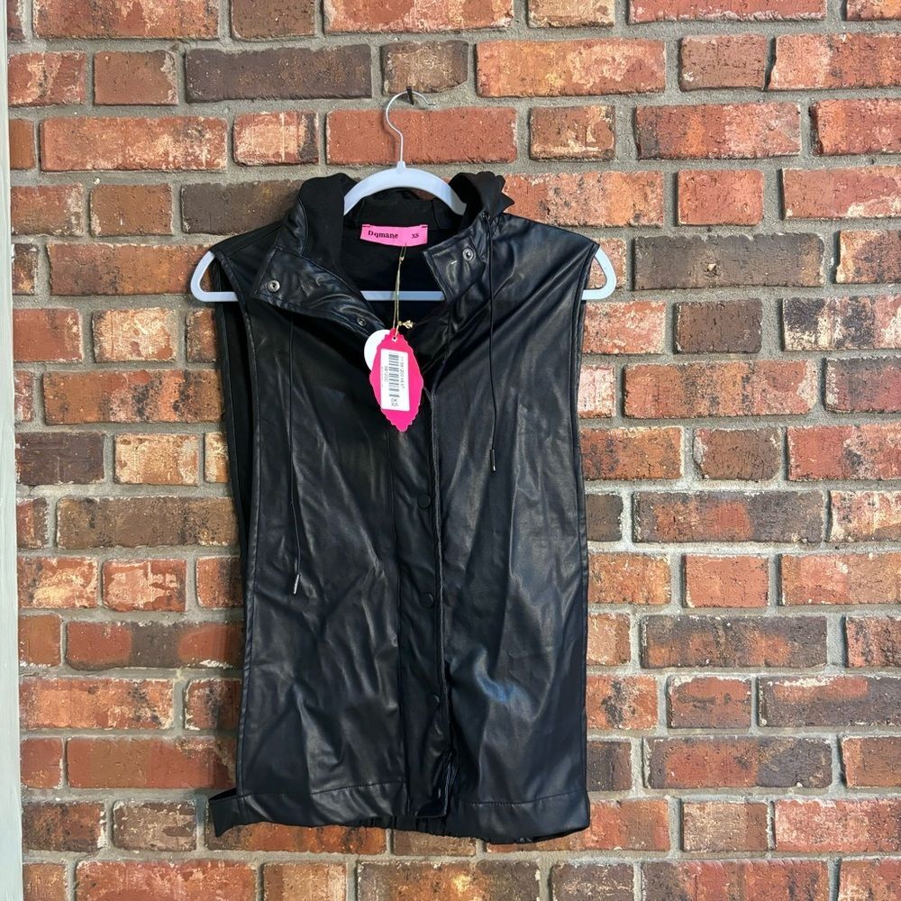 NWT Dqmane womens faux leather zip up open sides hooded vest goth punk Black XS